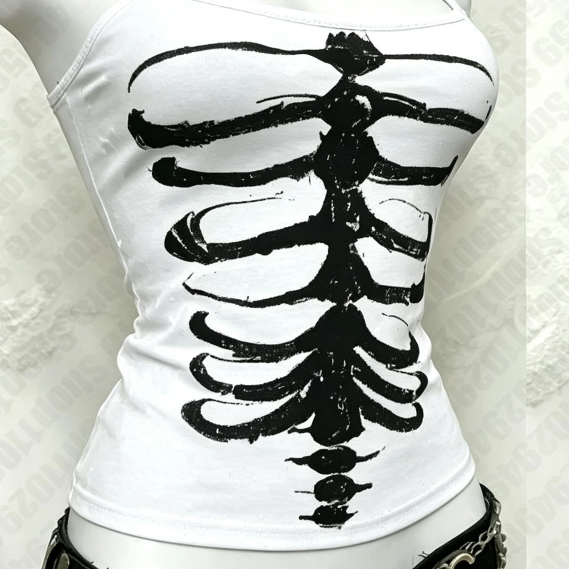 Y2K Gothic Alt Ärmelloses Crop Top Vintage Grunge Skelett Vorder- und Rückseite Grafik Slim Damen Skelett Rippenkorb Wirbelsäule Cami Tank Tops – Detail 2
