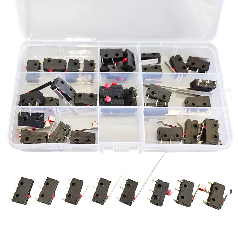 40PCS/Box Mini Limit Switch 2P/3Pin NO/NC Micro Switch 5A 250VAC KW12 Roller Arc Lever Snap Action Push Micro Switches Kit