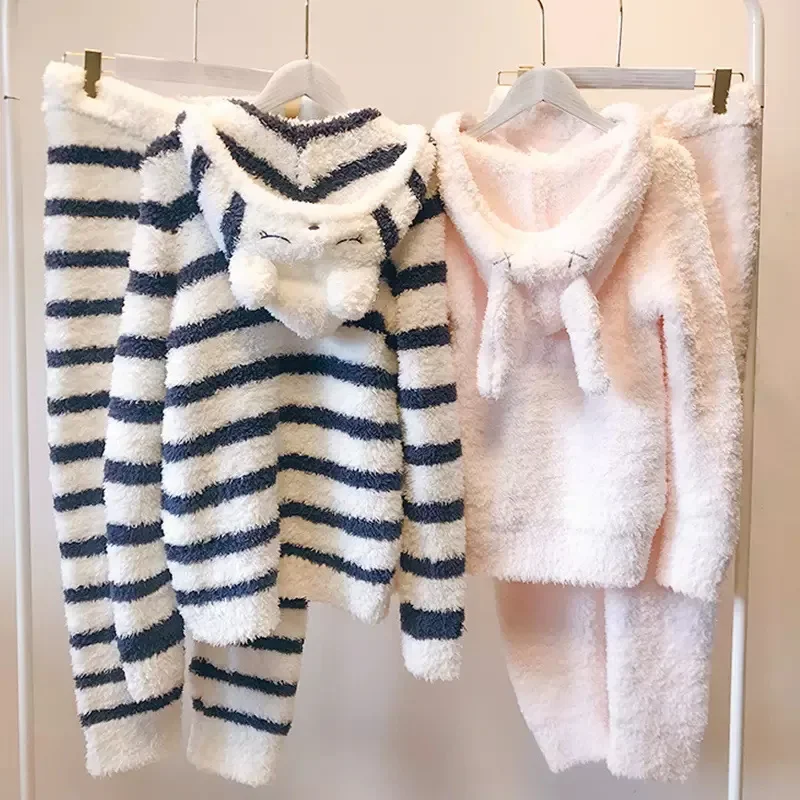 Thicken Plush Flannel Sleepwear Loungewear Winter Furry Female 2Pcs Pajamas Set Casual Cartoon Hooded Pijamas Suit Homewear