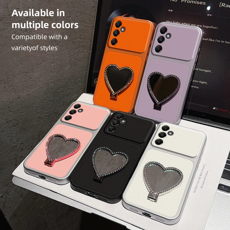 Phone Case For Samsung Galaxy A05S Faux Leather Texture Shockproof Anti-Impact Drop Proof Back Cover With Makeup Mirror Holder
