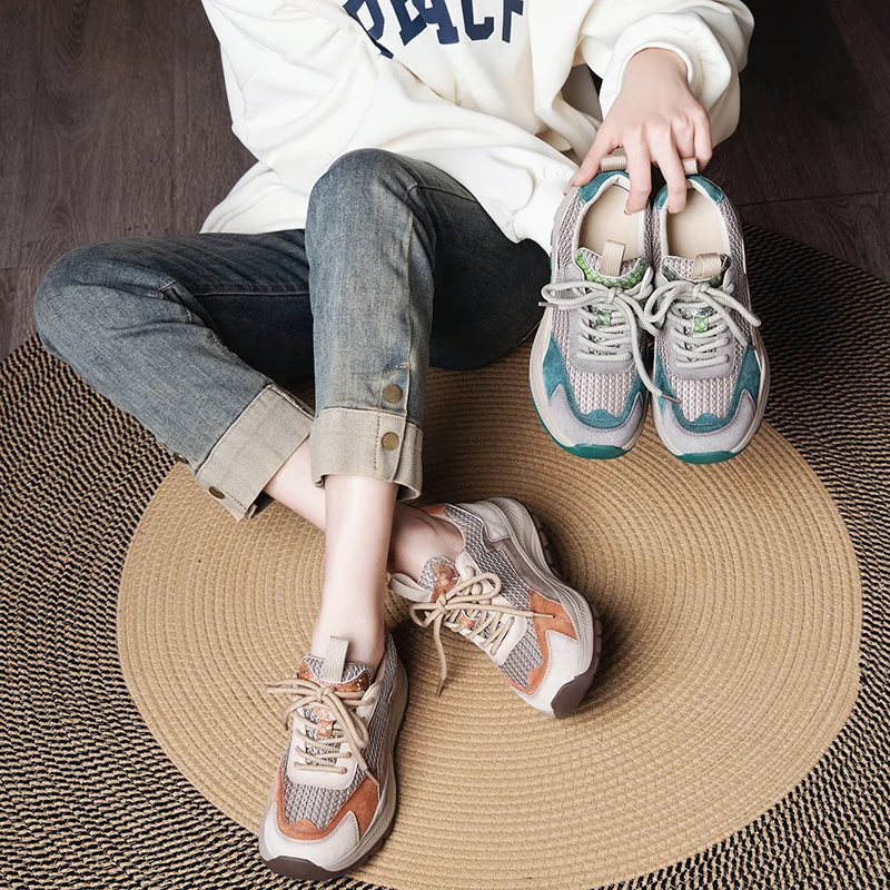 

Beige Brown Patchwork Chunky Sneakers For Women Breathable Mesh And Suede Upper Lace Up Design Round Toe Non Slip Thick Sole New