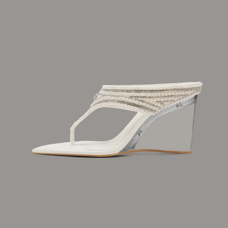 2026 New Pearl Pointed 9 cm Women's Shoes and Women's Slippers New Solid Color Transparent Wedge Sandals Comfortable Slippers