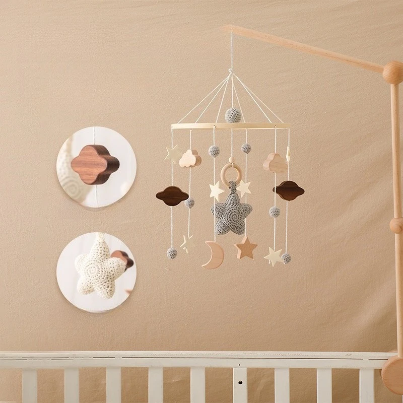 Baby Crib Mobile Wooden Star Moon Cloud Hanging Rattle Toy Newborn Nursery Decor Bed Bell Baby Shower Gift Hippy Room Decor