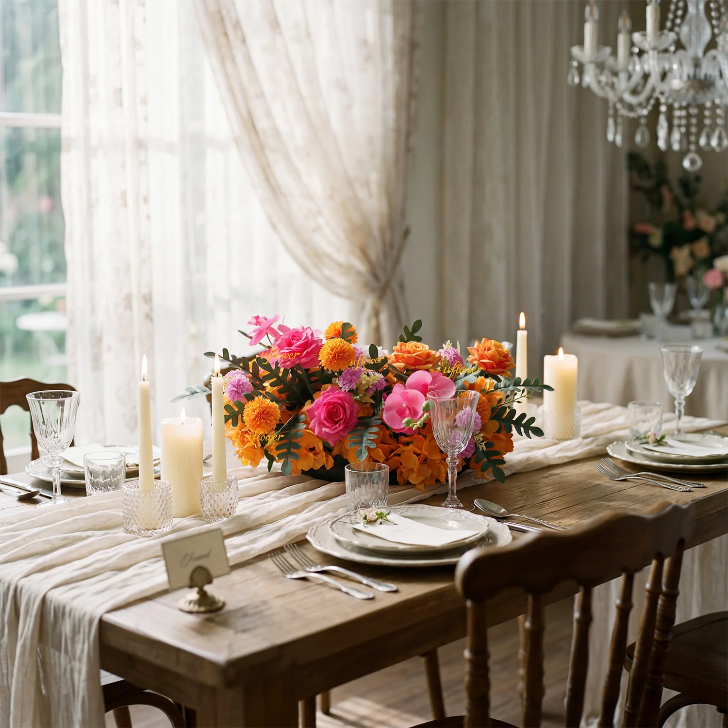 Guirlande de fleurs rose vif et orange de 50 cm pour arche de mariage, centre de table, panneau de bienvenue, décoration de fête et toile de fond de fiançailles