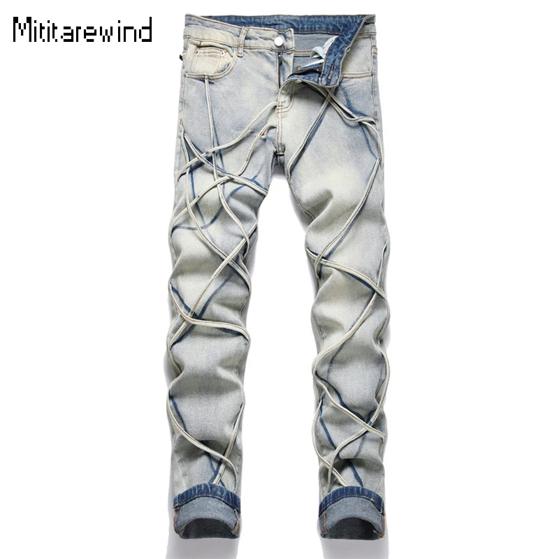 

Punk Style Tapered Jeans for Men Youth Fashion Streetwear Washed Retro Blue Denim Pant Cotton Design Multi-ribbon Slim Jeans Y2k