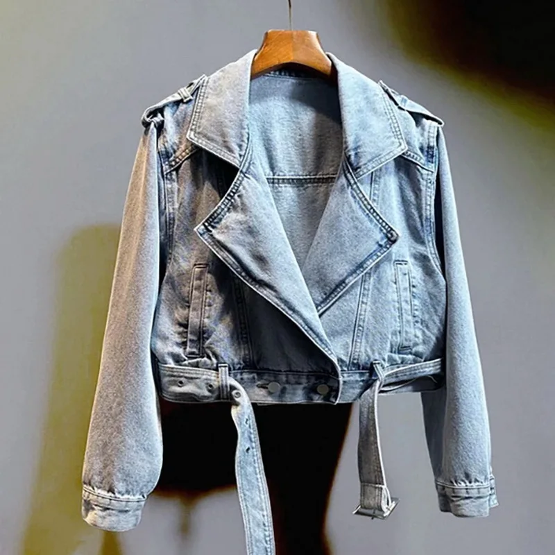 

Women Denim Coat 2023 Autumn New Fashion Big Lapel Belt High Waist Long Sleeve Casual Loose Retro Locomotive Short Jean Jacket