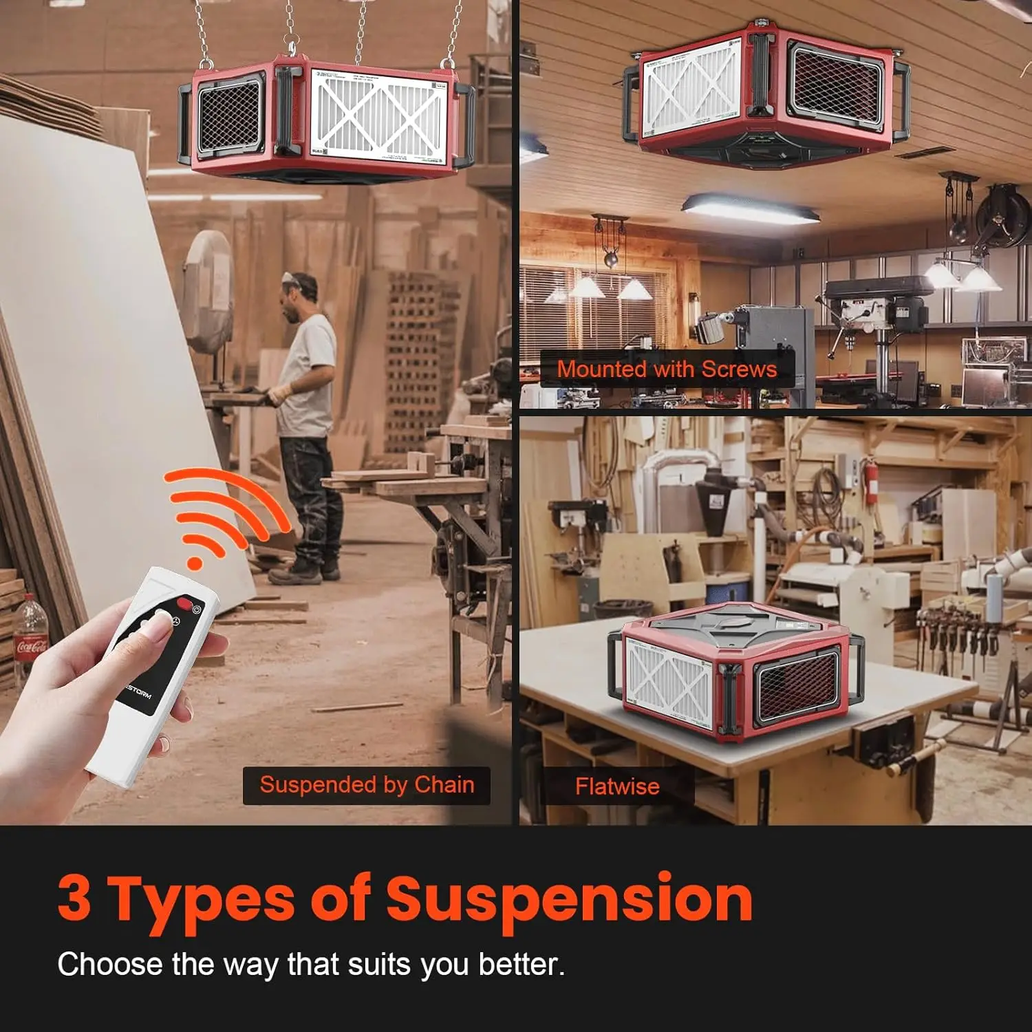 نظام تنقية هواء مدخل 1080 CFM، مجمع غبار ورشة عمل 270 درجة مع جهاز تحكم عن بعد، مثبت على السقف