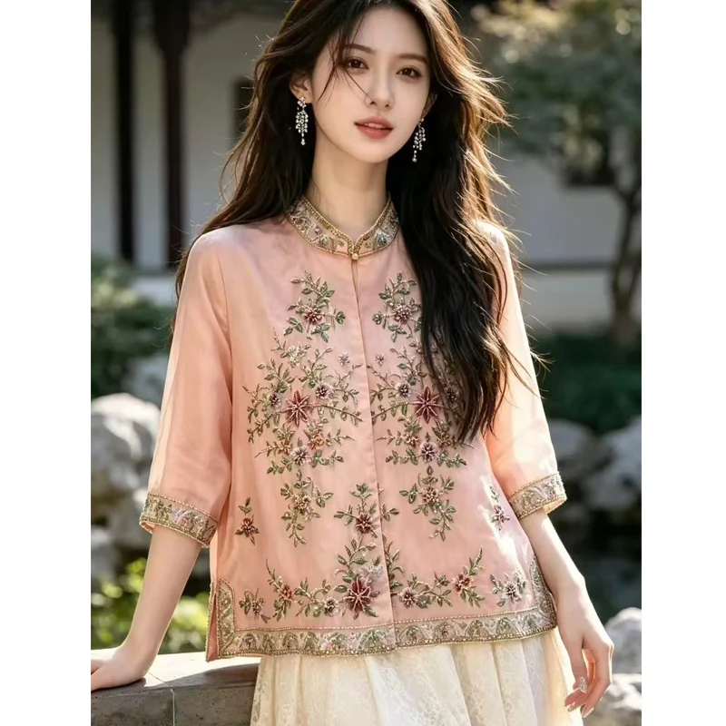 High-End Spring And Summer New Silk Organza Fabric Bead Embroidery Half Sleeved Hidden Button Fashion Women's Shirt M-XXL