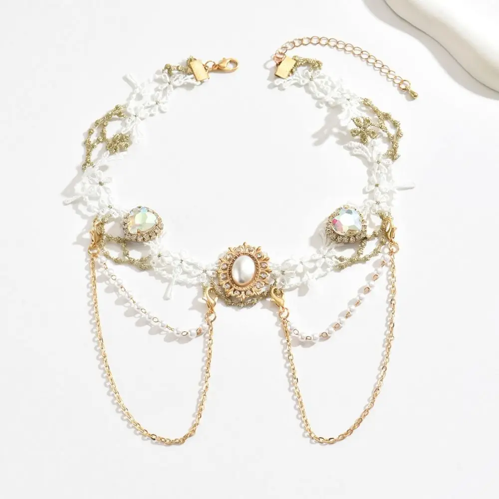 

Vintage Lace Pearl Choker Shiny Exquisite Rhinestone Tassel Necklace Ornaments Neck Jewelry Lolita Choker Necklace Party