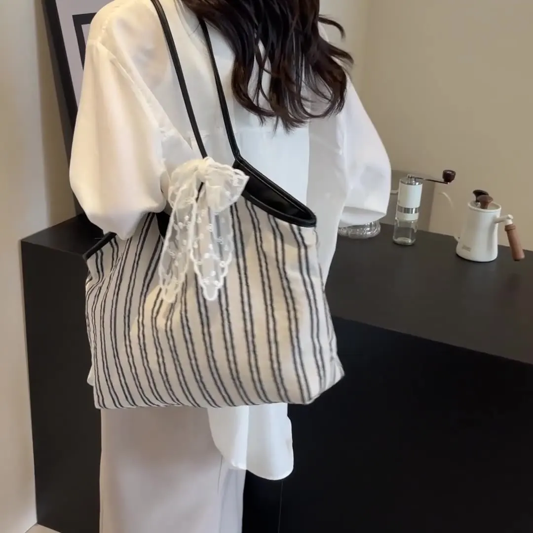 

2025 Spring Korean Stripe Tote Bag Women Canvas Shoulder Bag