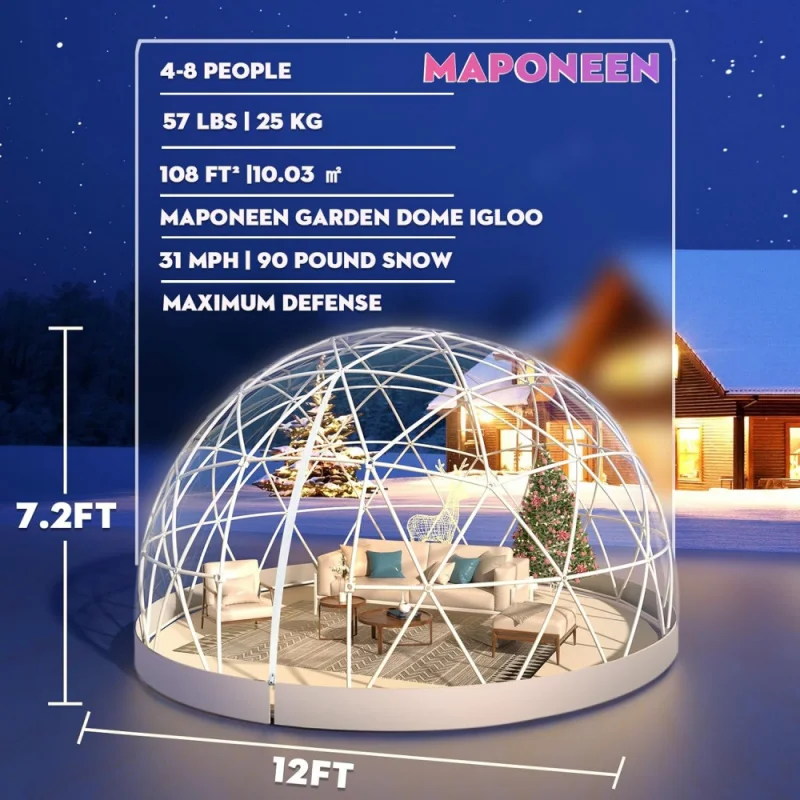 12ft gardens dome, geodesic domes greenhouse with PVC clear cover, waterproof garden bubble domes tent house with 2x10m light