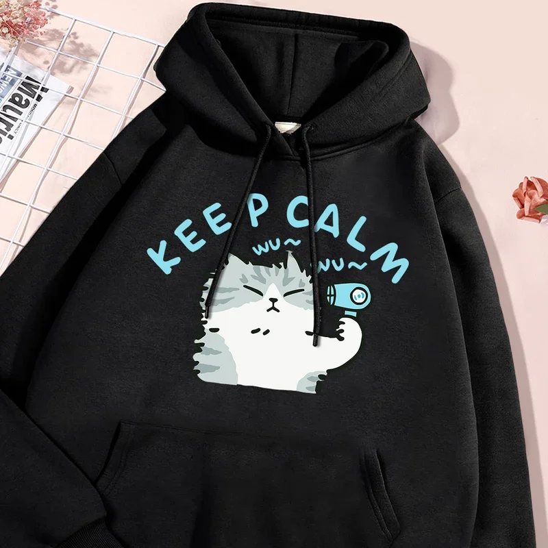 Stay Calm Cat Hair Dryerprinted Hooded Mens Autumn Fur-Liner Hoodies Simple S-Xxl Hoodie Street Quality Clothing Women'S