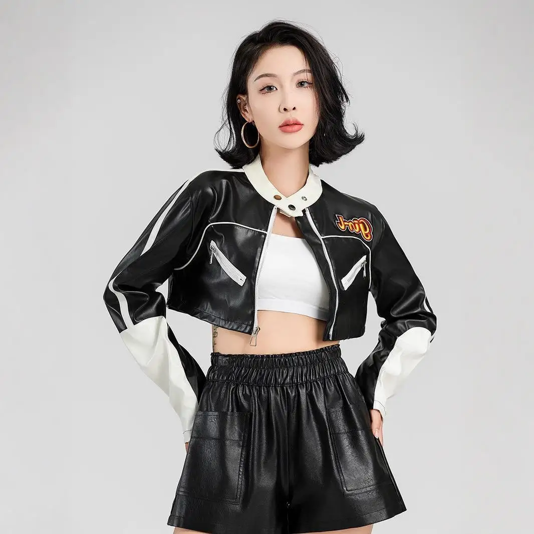 Faionable ort couro motocicleta jaet feminino sexy picante cor blo cross-border sle longo sve seda brilho