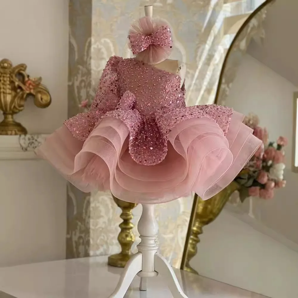 

Girls dress pink sequin short princess fluffy mesh skirt cross-border children's model host performance uniform