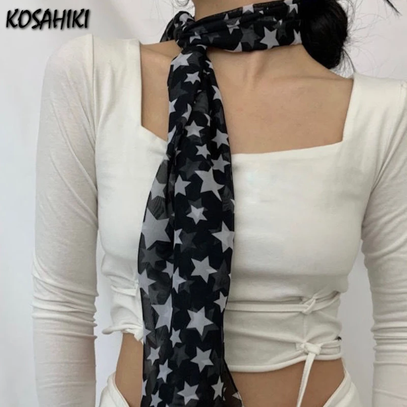 New Japanese Y2k Black White Star Printing Neckerchief Women Ins Simple Scarves 2024 Autumn Winter Girl All Match Scarf Grunge