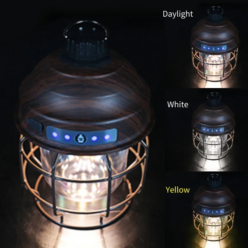 Retro Portable Camping Lantern Rechargeable Light Hanging Camp Lamp Outdoor Light Household 3 Modes Dimmable Flashlight with USB