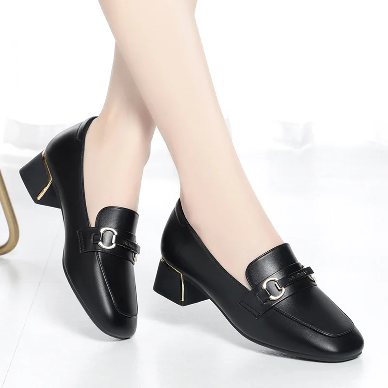 Women Pumps Fashion Classic Soft Leather Thick High Heels Shoes Square Toe White Black Wedding Dress Shoes Elegant Comfortable