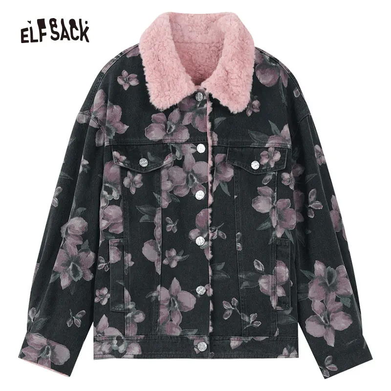ELFSACK Denim Cotton Coats Women 2023 Winter New Korean Fashion Luxury Designer Jackets