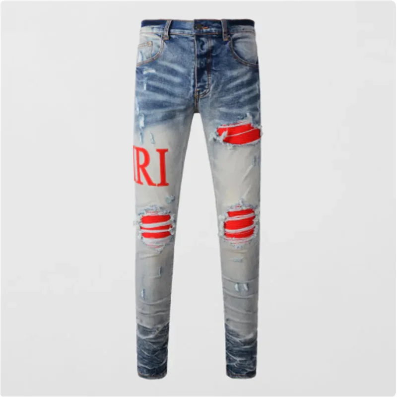 High Street Fashion Men's Jeans Vintage Elastic Tight Split Jeans Men's Blue Hole Red Patch Designer Hip Hop Brand Pants Homer