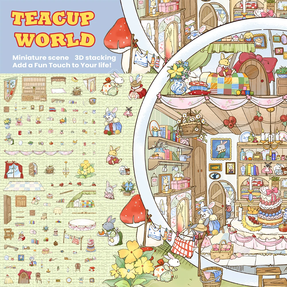2PCS Creative Miniature Shrink World Teacup World Landscape Stickers DIY Decompression PET Transparent Material Stickers