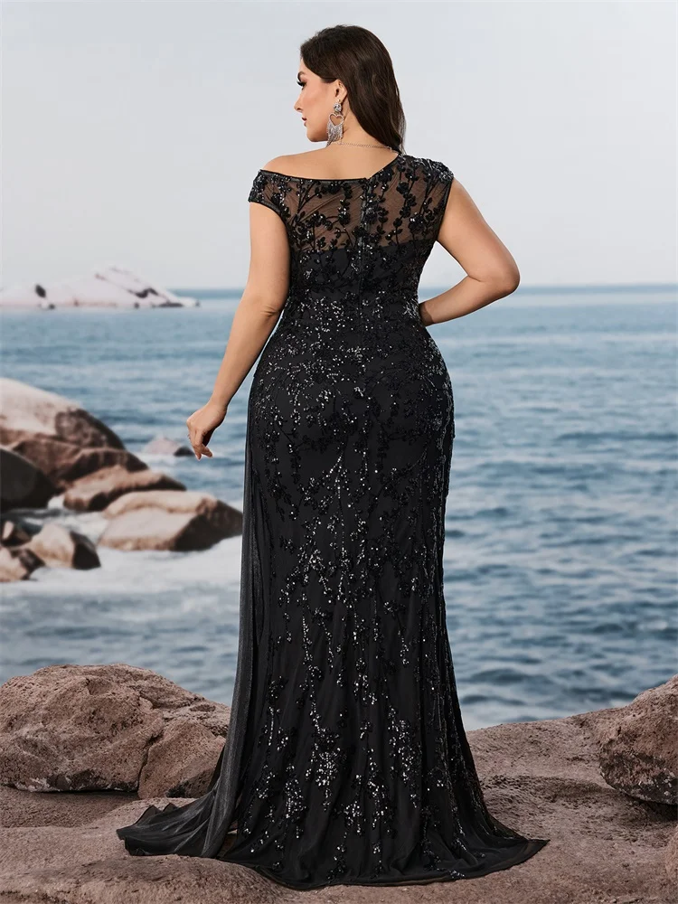BLUEPLUM Plus Size Elegant Sleevesless Sequins Patchwork Formal Evening Dresses Luxury Slit Mermaid Party Cocktail Gowns