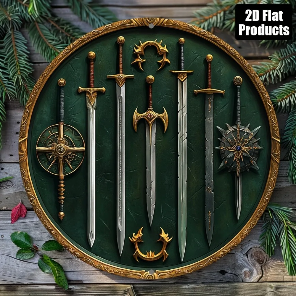 Vintage Sword Iron Wall Decor - 2D Flat Round Metal Sign for Home Bar Cafe - Green Gold
