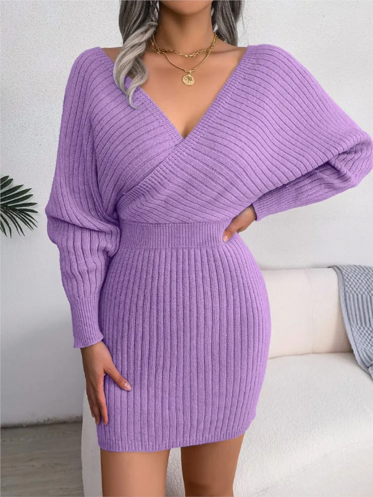 Autumn Winter Sexy Cross V-neck Bat Sleeve Sweater Wrap Hip Skirt Women's Solid Color High Waist Personality Long-sleeved Dress