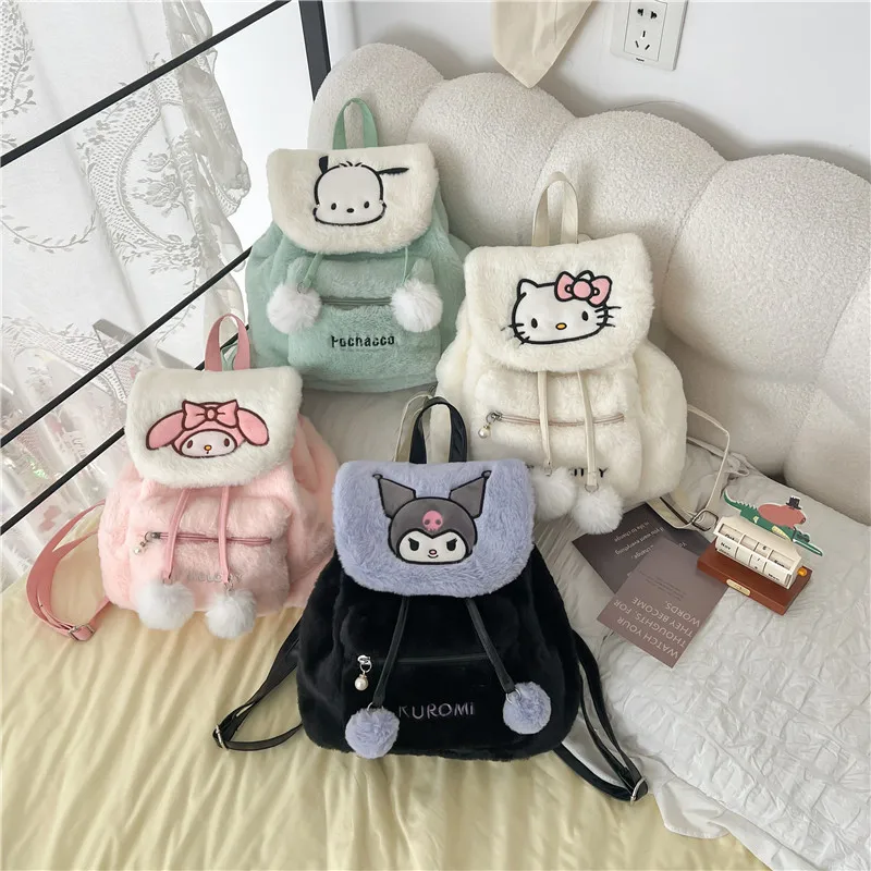 Women Plush Backpack Kawaii Hello Kitty Pochacco Plushie Bag Girl's School Bag Cartoon Kuromi Bags Soft Handbag Gifts