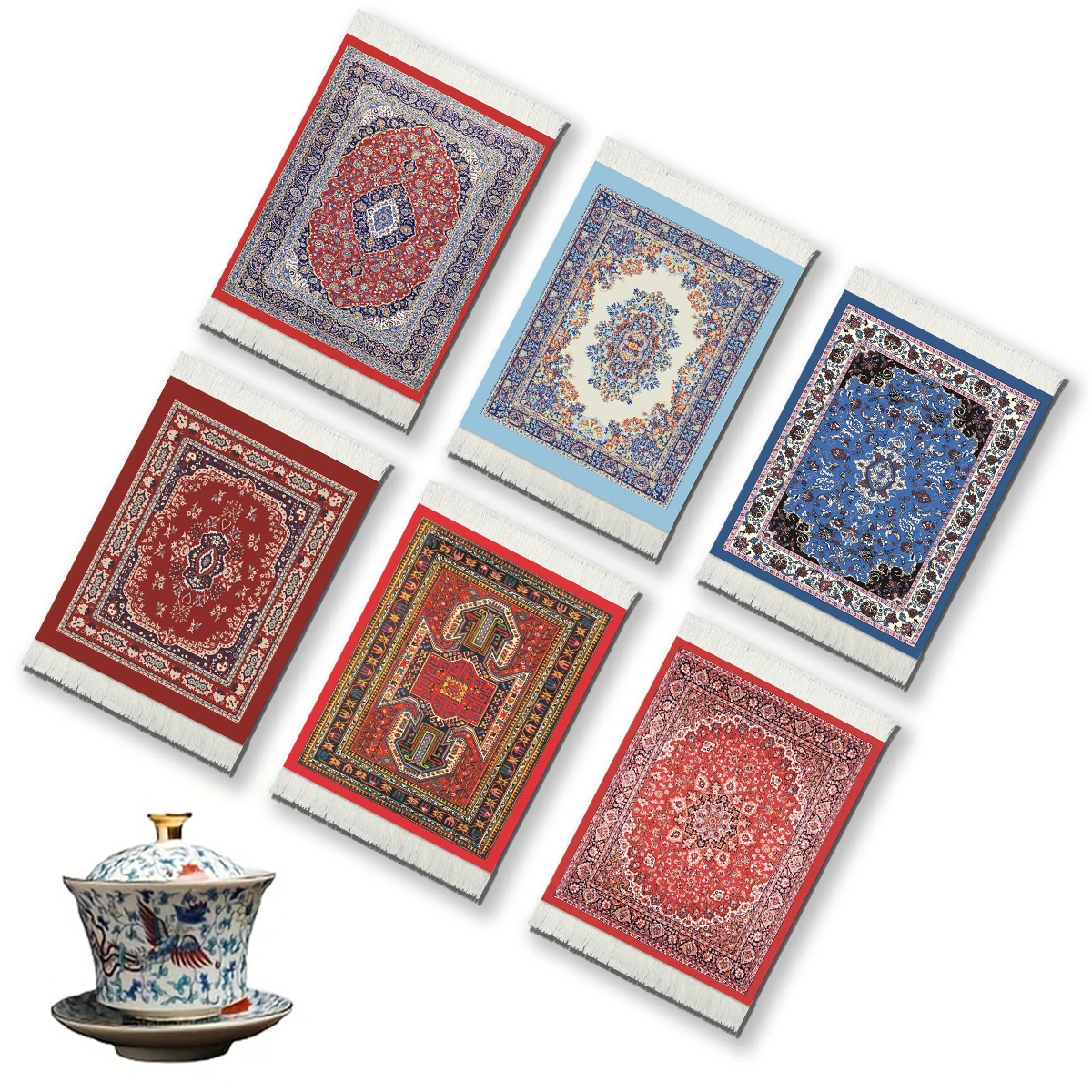 

Persian Carpet Coasters, Handmade, with Tassels, Table Coasters, Carpet Mats for Dollhouses Office Decorations