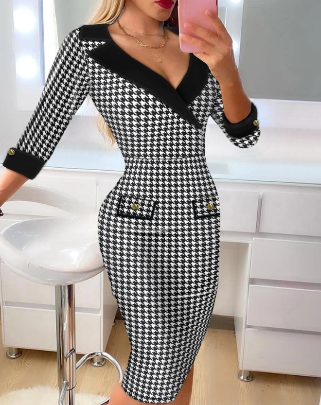 

Long Sleeve Dress 2023 New Hot Selling Fashion Casual Women's Elegant Houndstooth Printed Ribbed Midi Skirt Tight Fit Midi Skirt