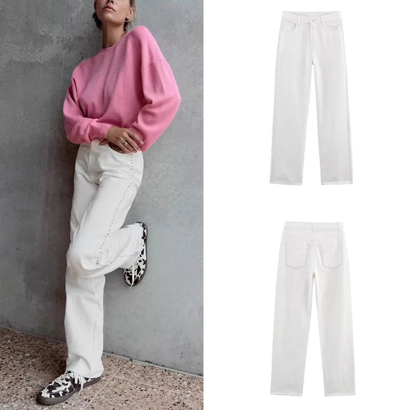 

Z Women's Faion Personali Rivet Decorated Straight Leg Jeans mid Waist Long Pants Polyester Fiber round Ne Sve