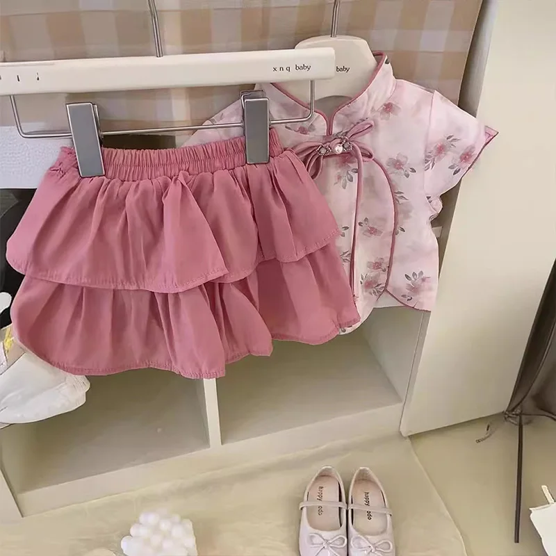 18M-7Y Girls Set Summer New Children Chinese Style Hanfu Short Skirt Baby Princess Dress Summer Two Piece Set Children