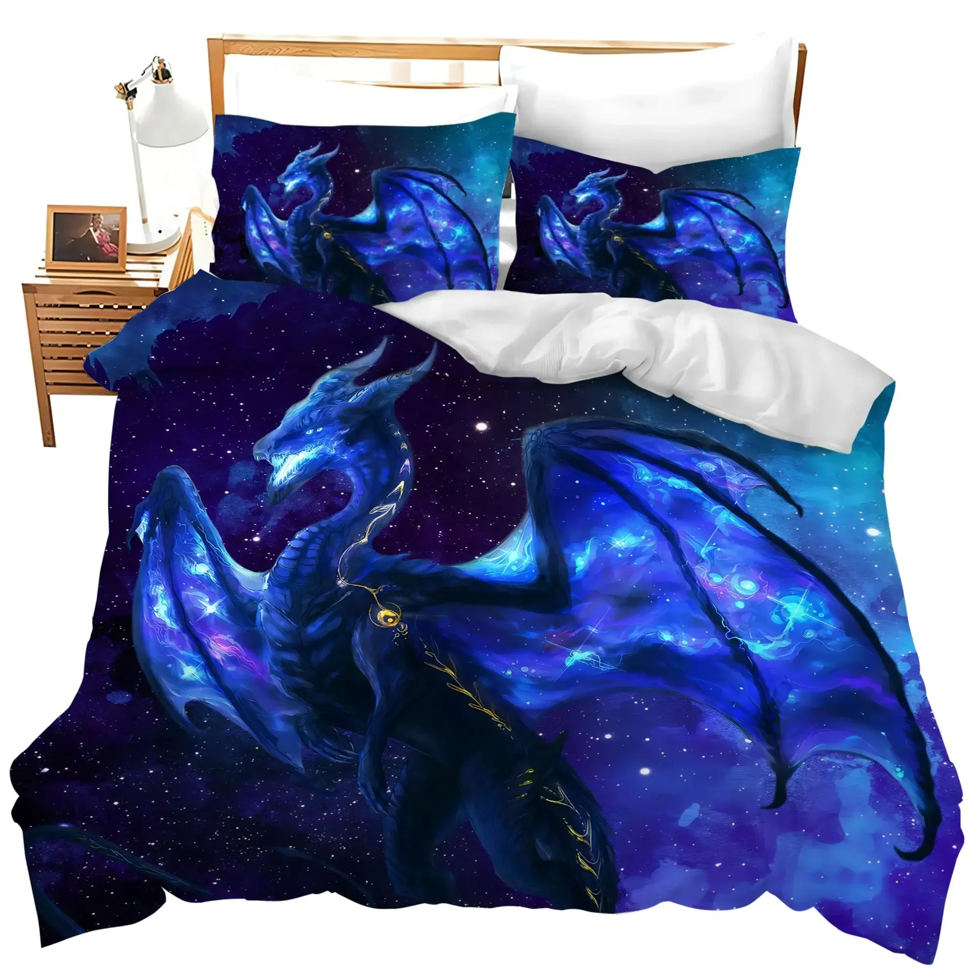 3pcs Magic Flying Dragon Duvet Cover Set Bright Fly Dragon Wildlife Kids Comforter Cover Outer Space Galaxy Men Bedding Set