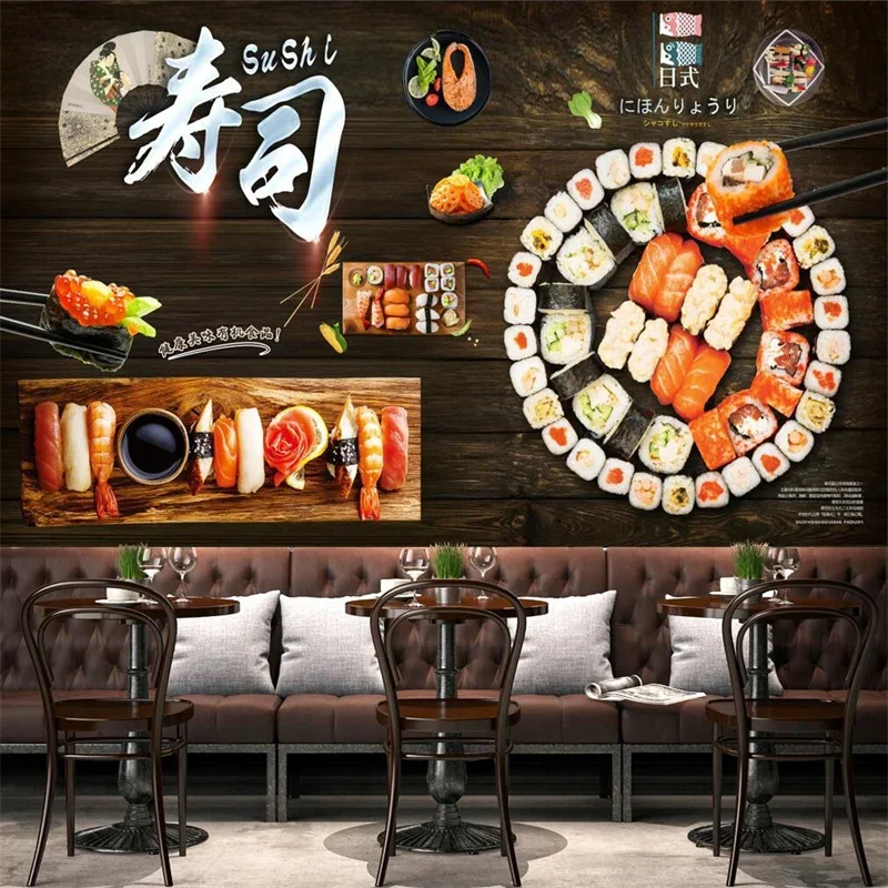 Custom Black Wood Board Renovation Wall Paper 3D Japanese sushi Restaurant Industrial Decor Wall Painting 3D Photo Wallpapers