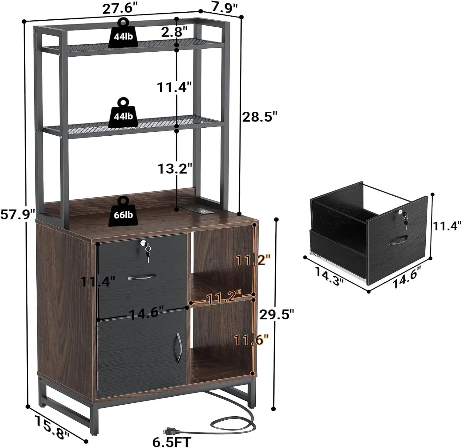 Vertical Filing Cabinet w/ Lock & Charging Station, Large Drawer Wood File Cabinet with Bookshelf, Printer Stand, Black & Brown