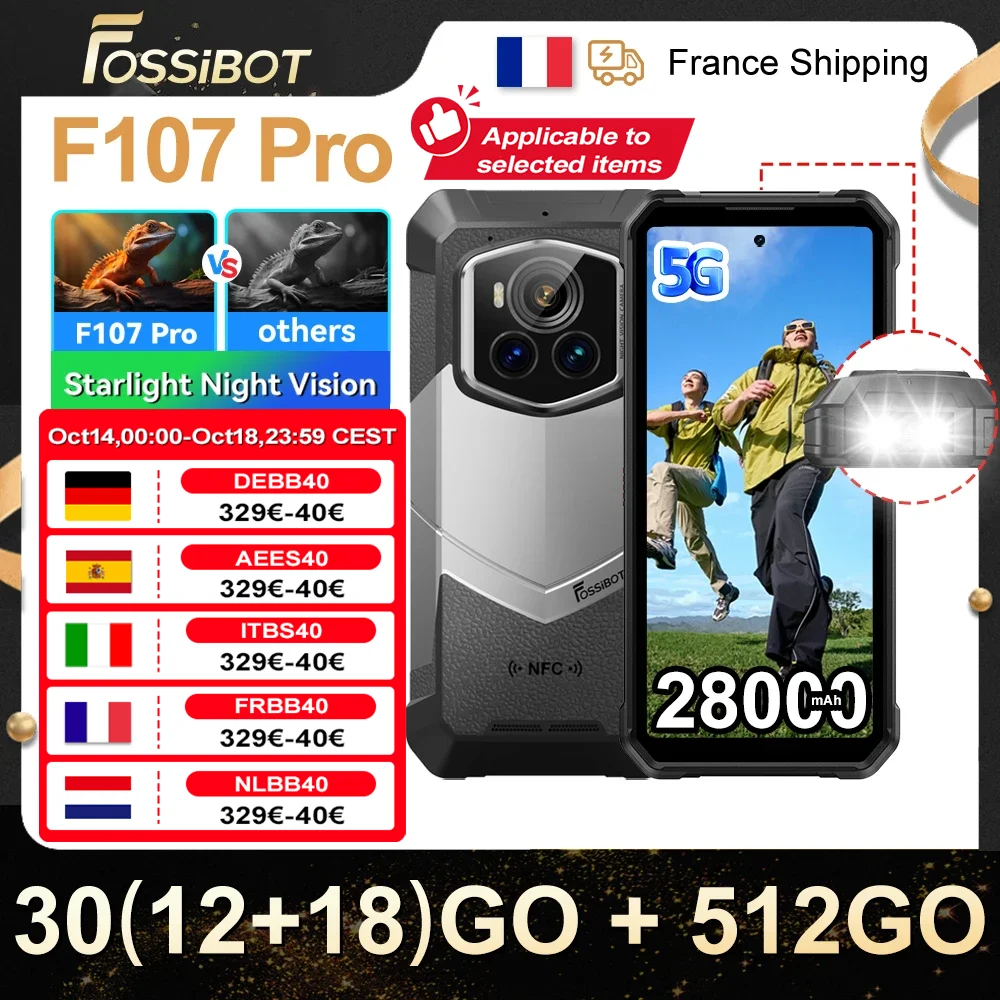 Fossibot F107 Pro 5G téléphone portable robuste 30GB(12 +18) + 512GB Android 15 28000mAh 66W 200MP + 32MP NFC/GPS double lampes de poche lumineuses
