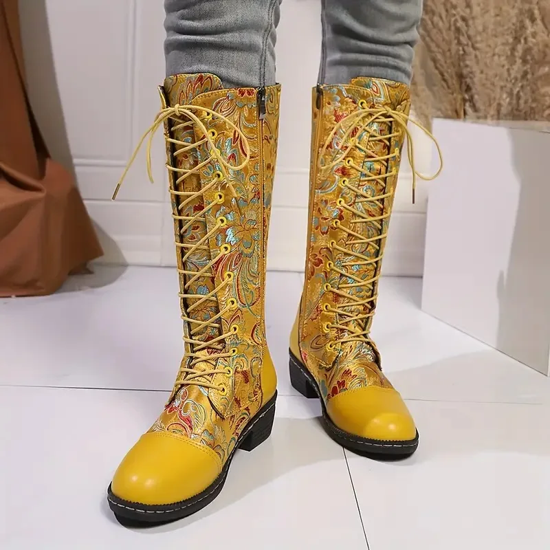 

New Lace Up Embroidery Flowers Women's Knee High Boots Women's Ethnic Retro Chunky Heel Women Knight Boots Winter Botas De Mujer