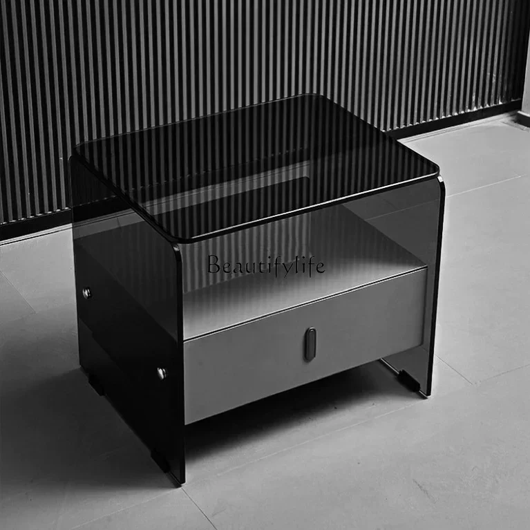 

ls 04Italian minimalist bedside table light luxury tempered glass bedside storage locker