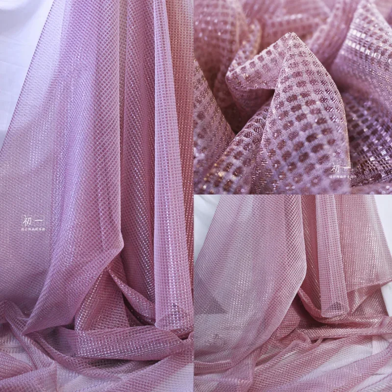 Pink Silver Square Grid Bright Silk Mesh Fabric Wedding Dress Performance Runway Fashion Designer Diy for Sewing Material Cloth