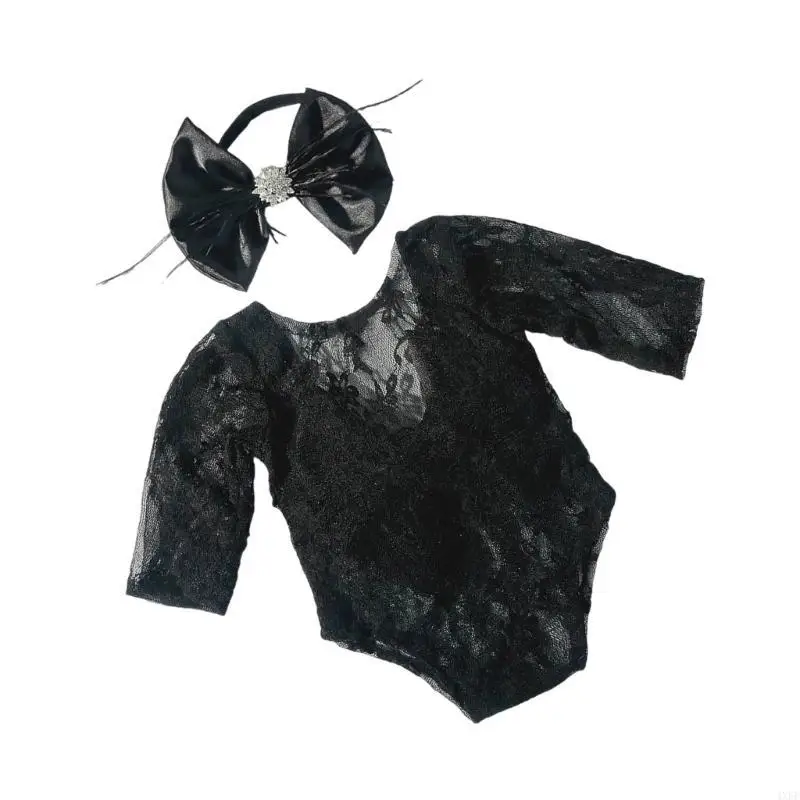Romper renda elegante e banda para a cabeça conjunto roupas bebê macio para fotografia para bebês recém -nascidos para