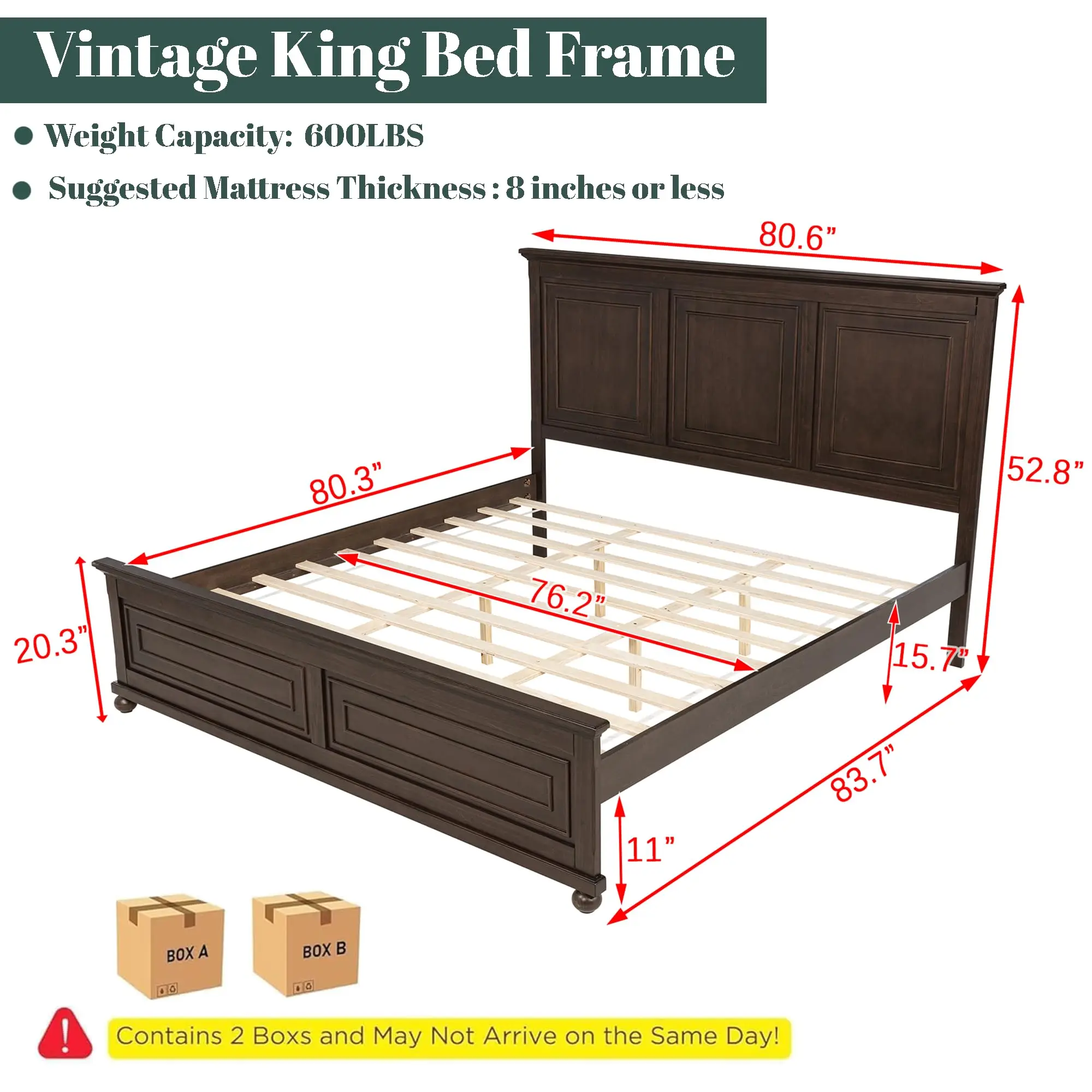 King Size Platform Bed with Tall Headboard & Footboard, Pinewood King Bed Frame with Wood Panel Bed Base, No Squeak, No