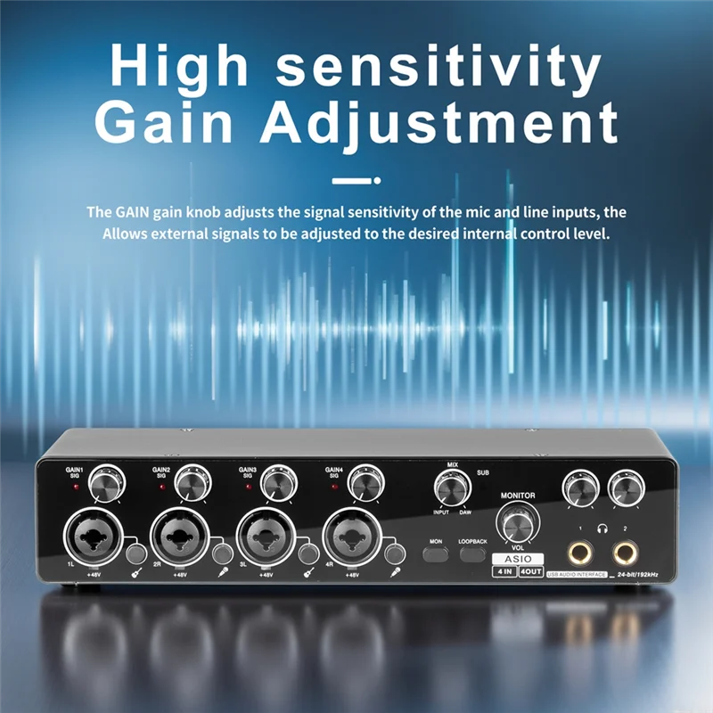 ABAC-voor studio- en live-opname Compatibele 4-kanaals USB-audio-interface Geluidskaart Microfoonvoorversterker en ASIO-ondersteuning