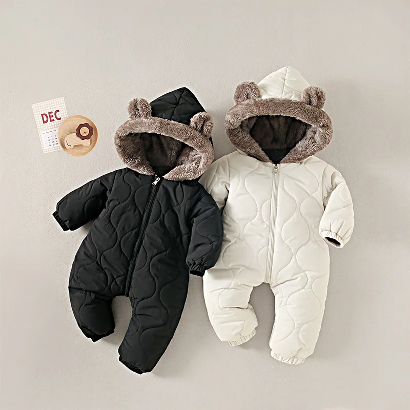 New Baby Winter Plush Thick Solid Color Rabbit Ear Hooded Outdoor Windproof and Warm Jumpsuit for 0-2 Years Old