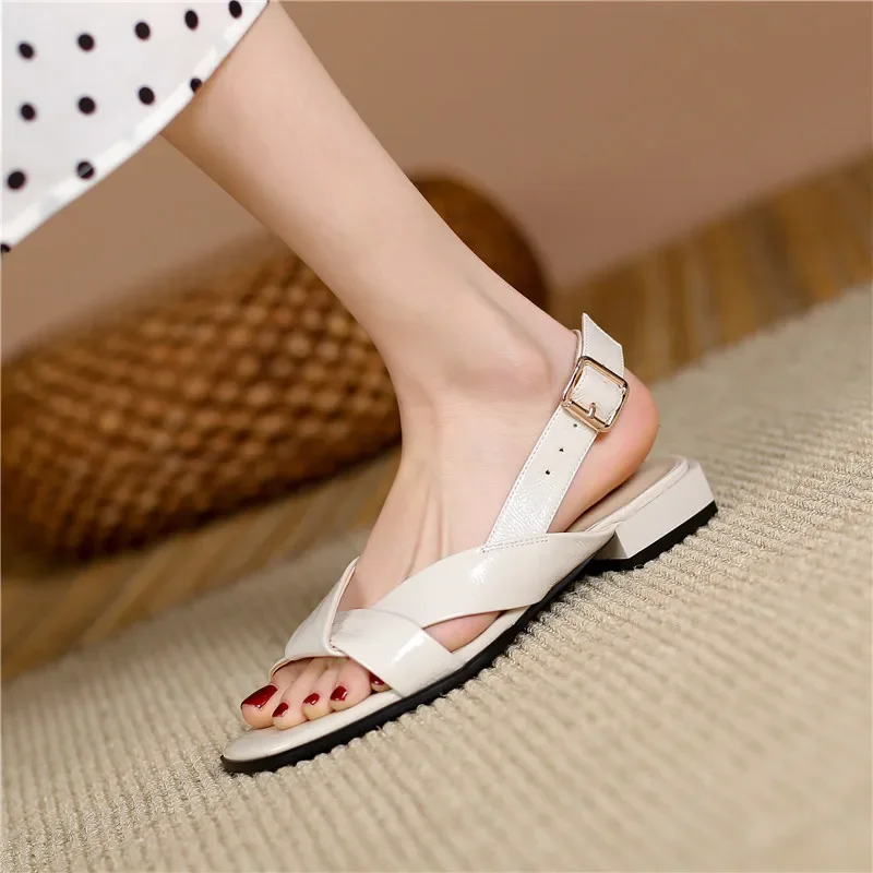 2023 New Genuine Leather Shoes Women Low Heel Square Toe Casual Shoes Summer  Comfortable Ladies Sandals Black Beige Size 35-42