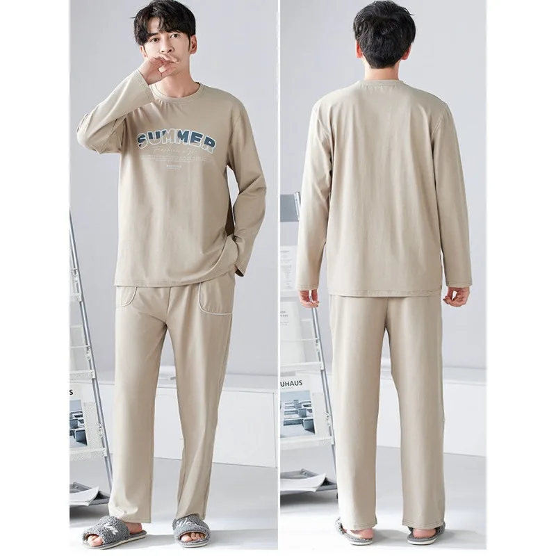 2024 New Pure Cotton Loungewear Autumn Men's Pullover Pajamas Spring Autumn Long Sleeved Sleepwear Oversized Youth Homewear Set