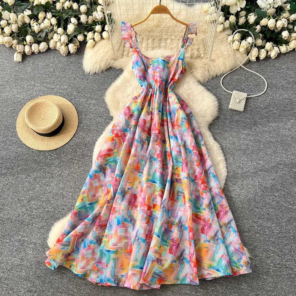 

Women Print Dresses A Line Strapless Dress Ankle Lenth Square Collar Sleeveless Waist Cinch Loose Casual Office Lady 2026 Summer