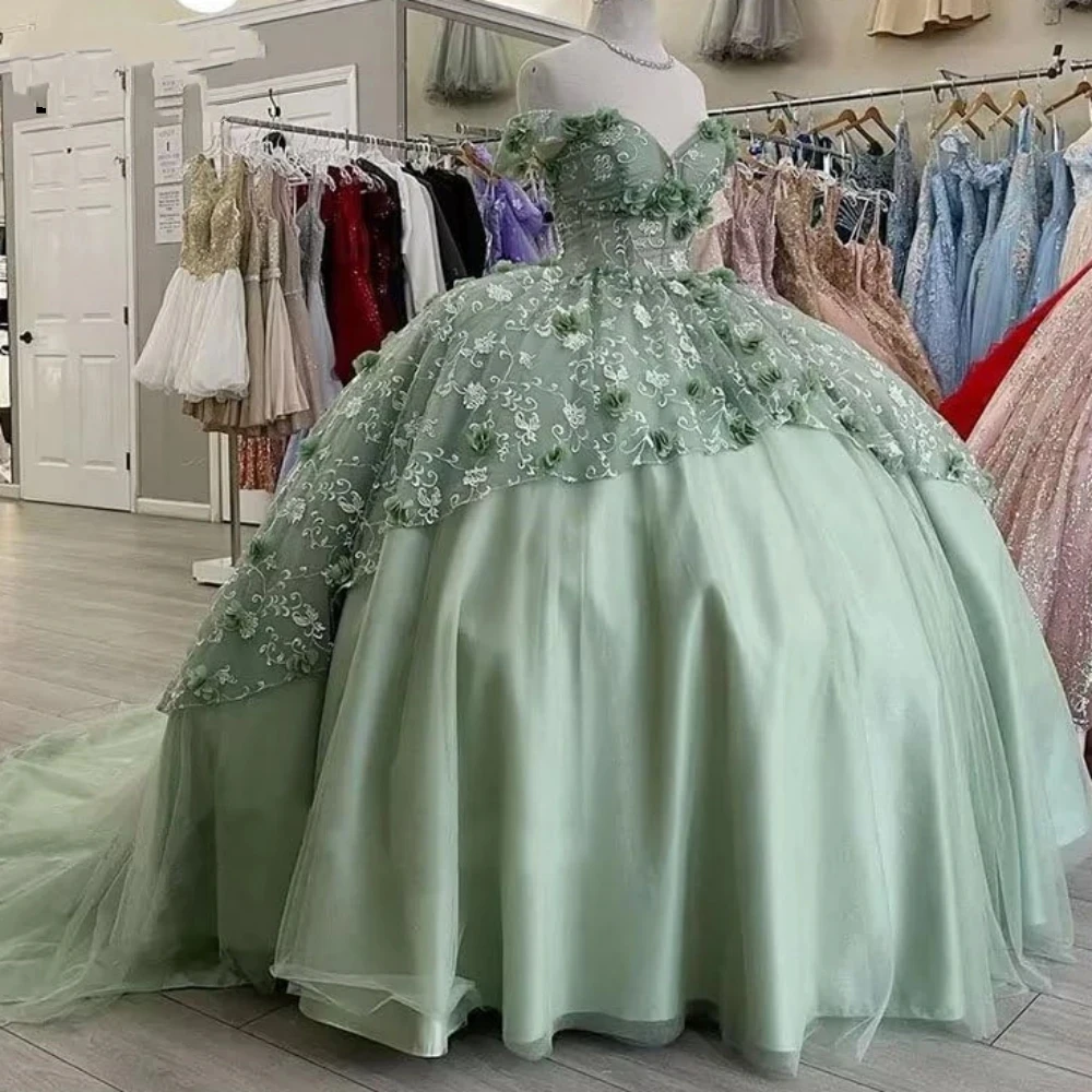 قبالة الكتف الأميرة فساتين Quinceanera ثلاثية الأبعاد الأزهار فستاين سهرة/فساتين الحفلات للنساء الدانتيل والساتان حفلة موسيقية مع قطار الحلو 16 فستان Vestidos