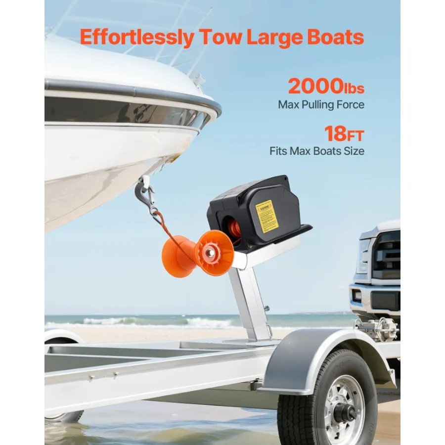 Electric Boat Winch 12V DC 300W Reversible for Boats up to 2000 lbs with Wired Remote Control and Hand Crank Power-in Power-out