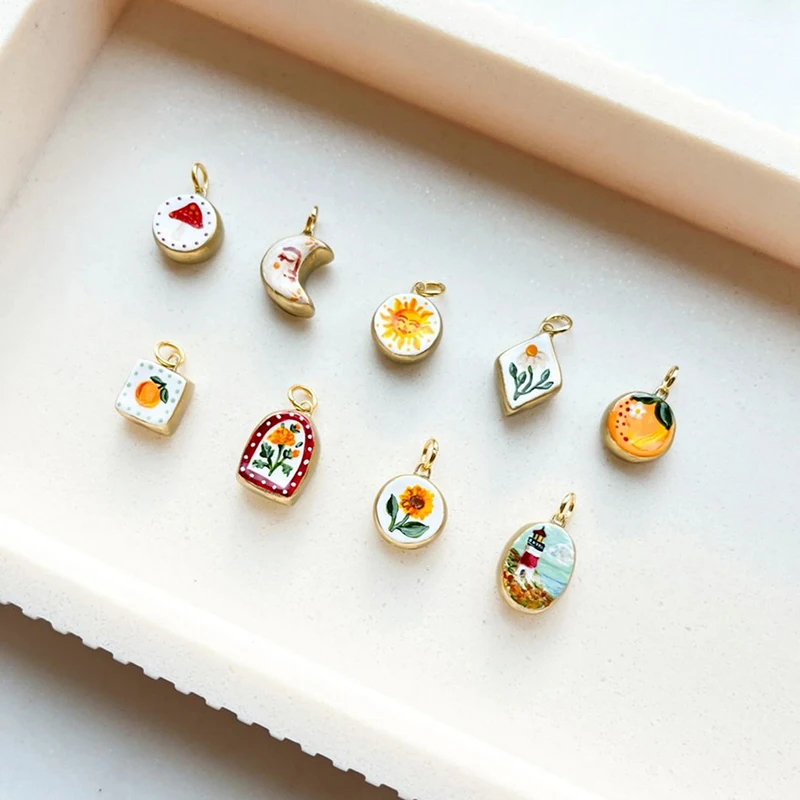 

14pcs Mix Color DIY Copper Mushroom Sun Orange Oil-drop Moon Shaped Pendant for Jewelry Making DIY Necklace Bracelet Accessories