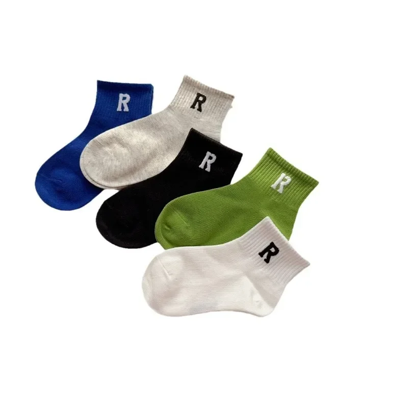 5pair/set Sport Fashion Calf Sock for Kids Boy Simplicity Letter R Striped Children\'s School Sock Spring Autumn 4-15 Year Sock